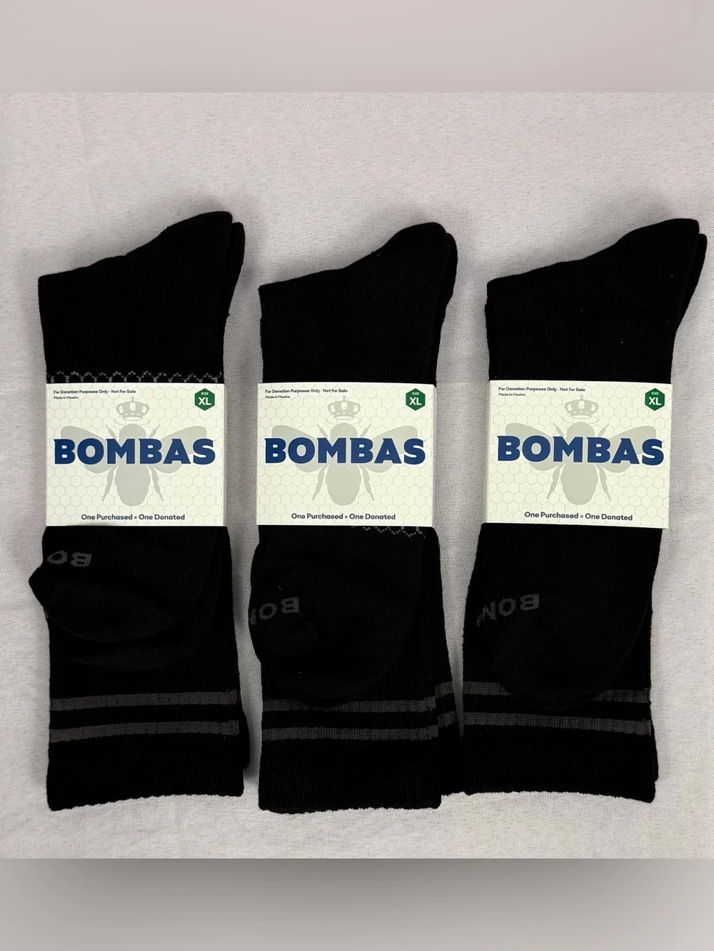 Bombas (Set of 3 Pair)Black Calf Athletic Socks with Gray Stripes & Bee XL NWT